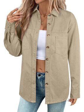 Women's Khaki Oversized Long Sleeve Button Down Blouse Top V Neck Denim Shirt